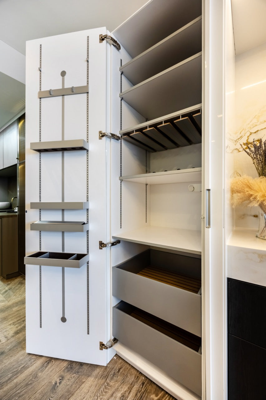 SieMatic S2 Modern Rose Gold Handleless Island with Lotus White Hideaway Pantry | photo 32