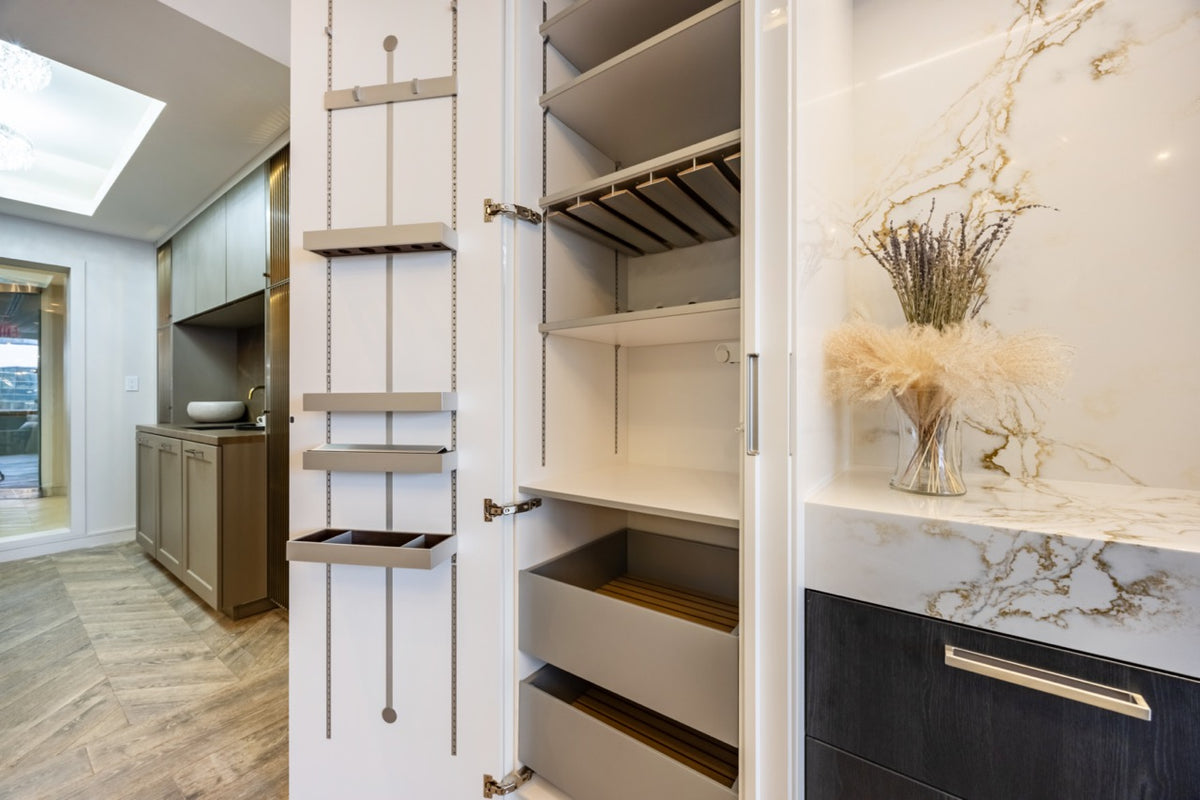 SieMatic S2 Modern Rose Gold Handleless Island with Lotus White Hideaway Pantry | photo 33