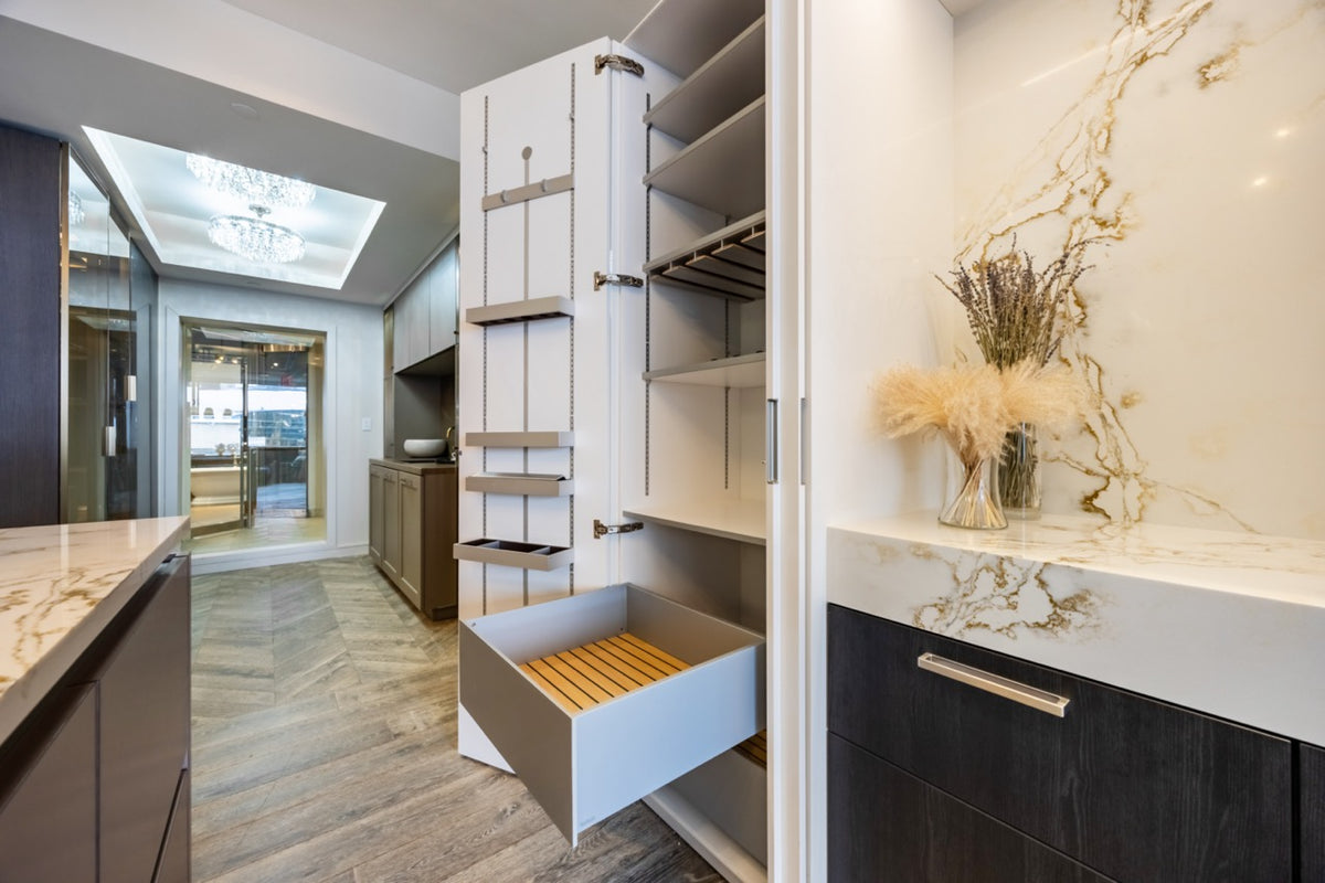 SieMatic S2 Modern Rose Gold Handleless Island with Lotus White Hideaway Pantry | photo 34