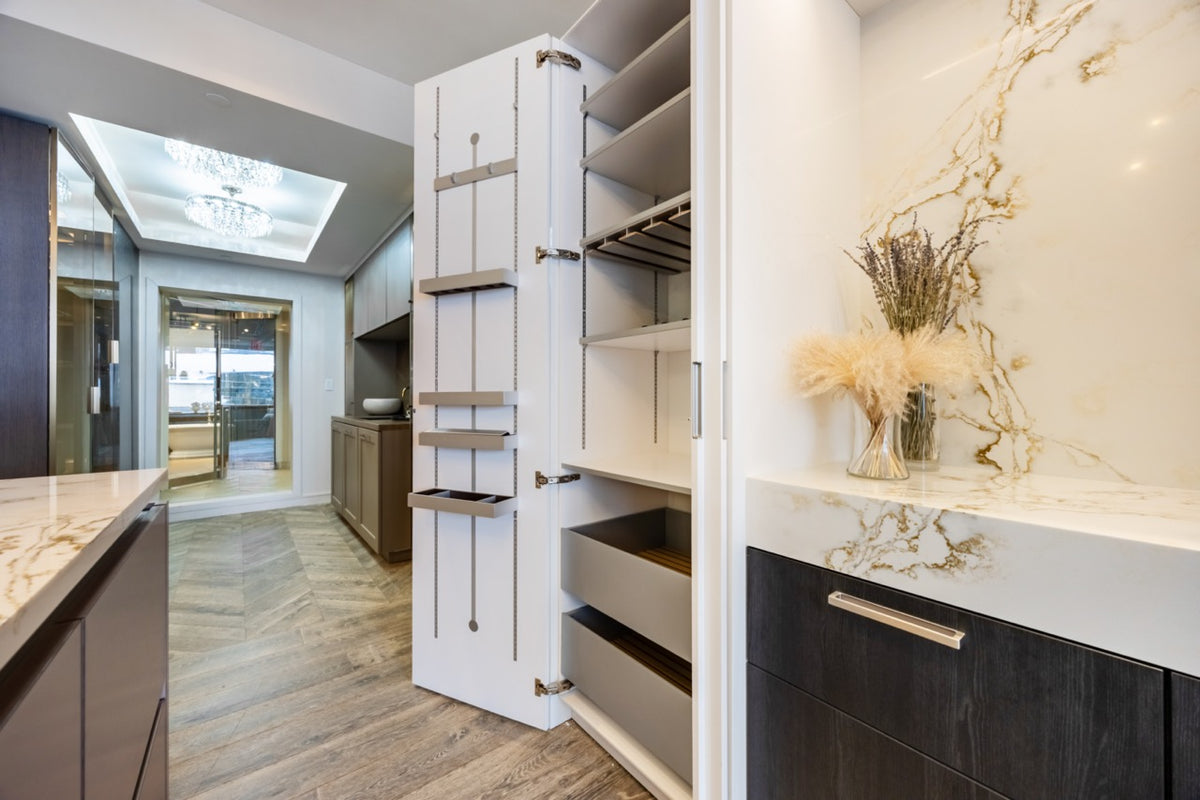 SieMatic S2 Modern Rose Gold Handleless Island with Lotus White Hideaway Pantry | photo 35