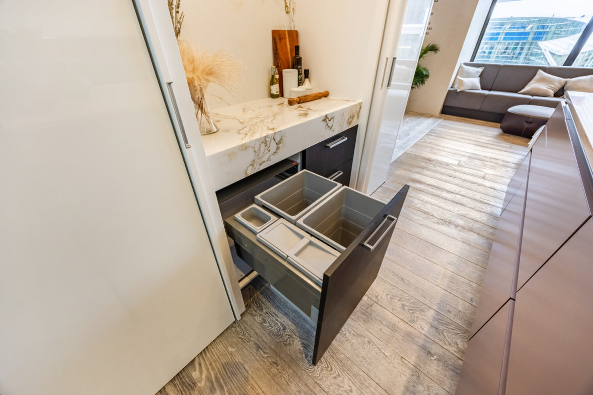 SieMatic S2 Modern Rose Gold Handleless Island with Lotus White Hideaway Pantry | photo 38
