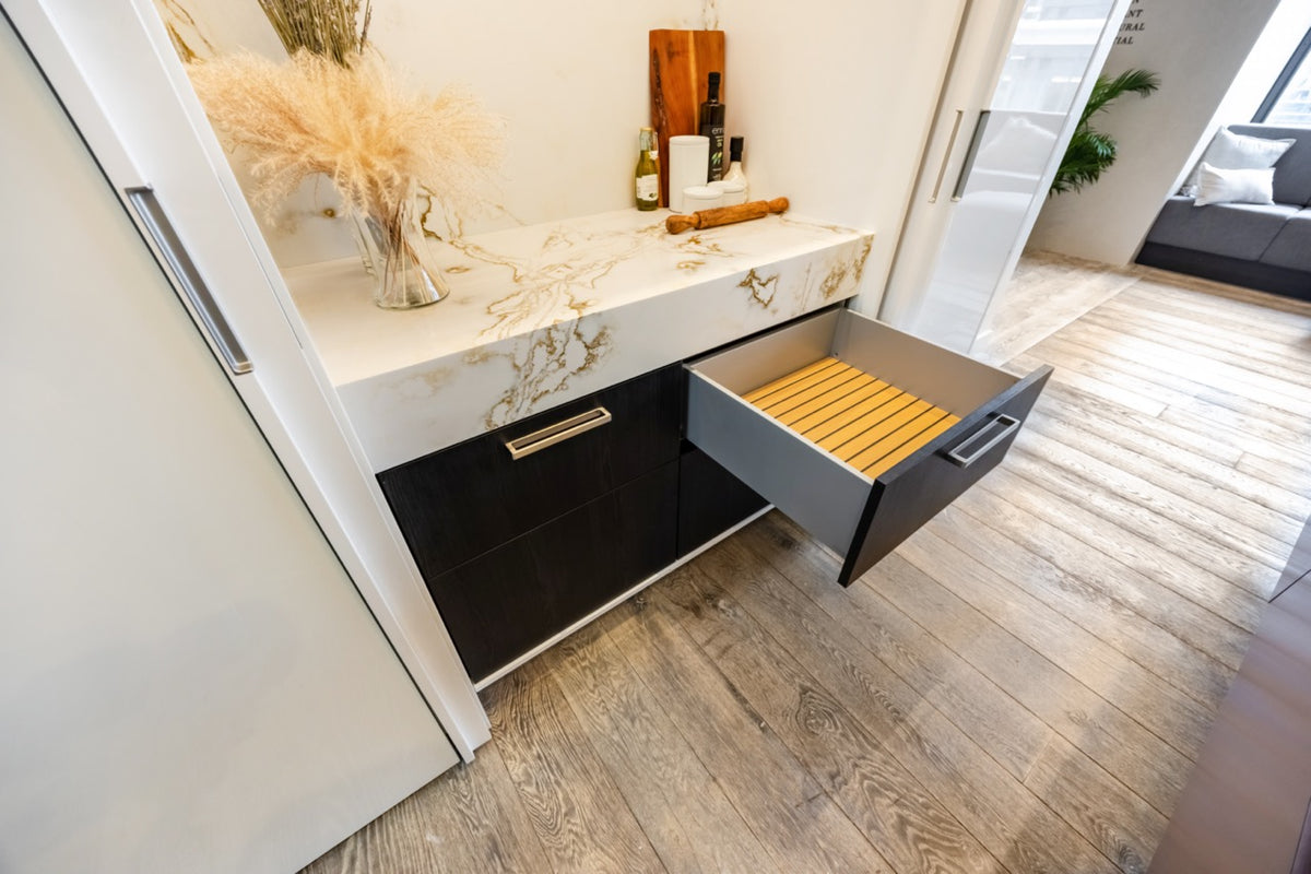 SieMatic S2 Modern Rose Gold Handleless Island with Lotus White Hideaway Pantry | photo 39