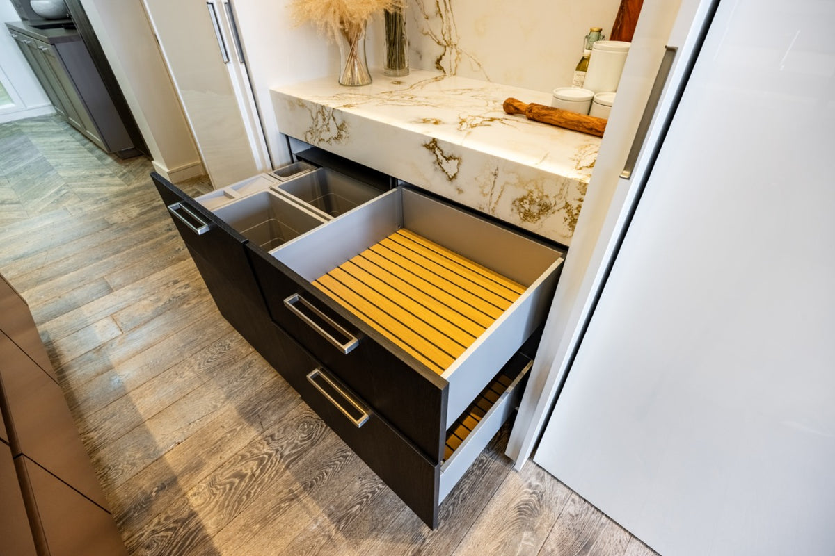 SieMatic S2 Modern Rose Gold Handleless Island with Lotus White Hideaway Pantry | photo 42