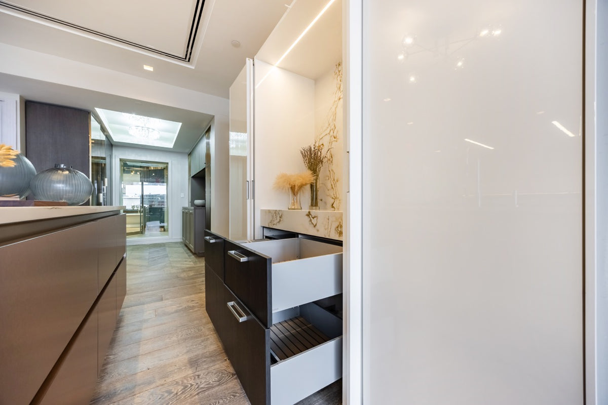 SieMatic S2 Modern Rose Gold Handleless Island with Lotus White Hideaway Pantry | photo 43