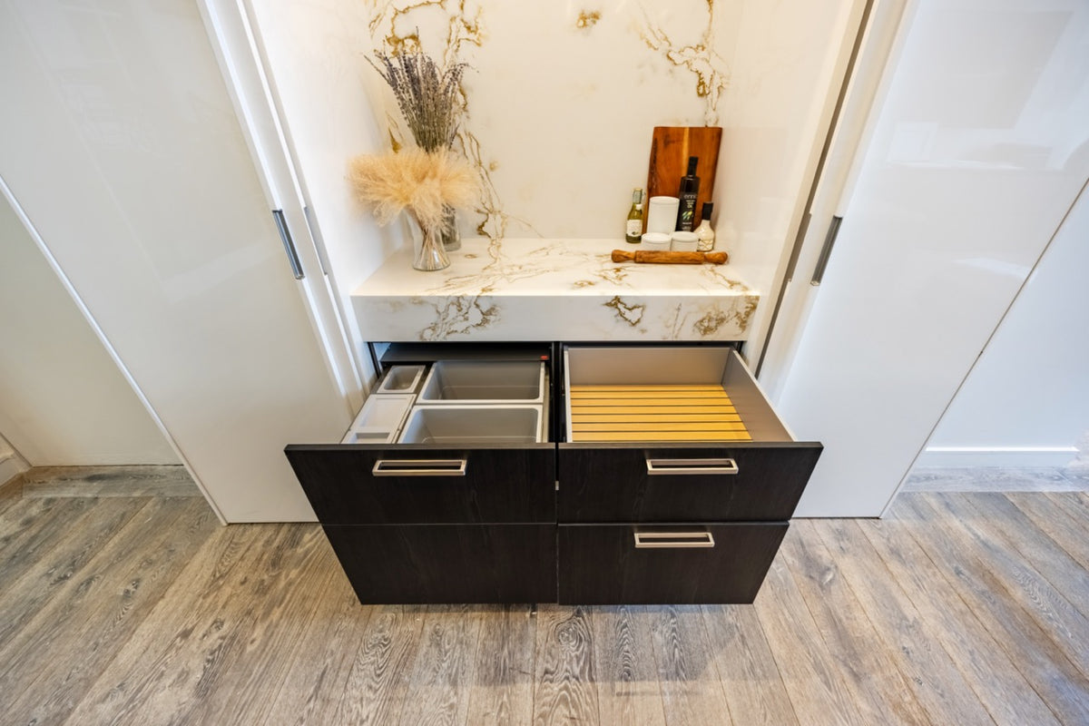 SieMatic S2 Modern Rose Gold Handleless Island with Lotus White Hideaway Pantry | photo 44