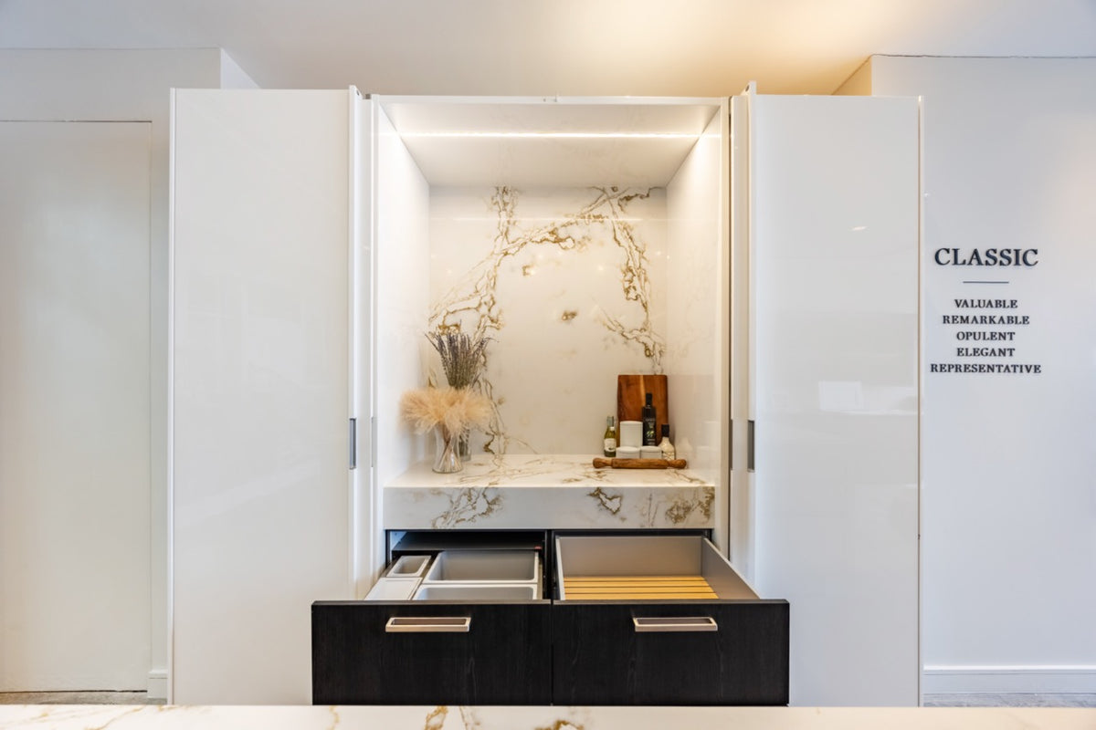 SieMatic S2 Modern Rose Gold Handleless Island with Lotus White Hideaway Pantry | photo 14