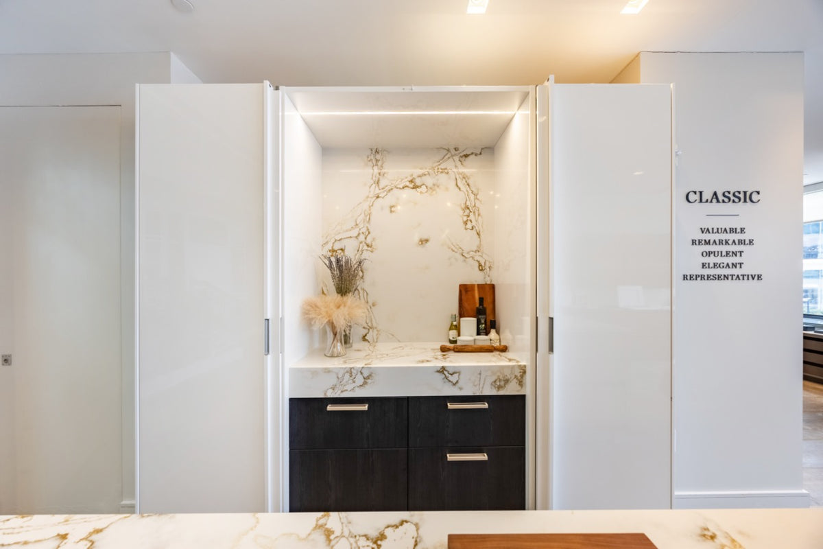 SieMatic S2 Modern Rose Gold Handleless Island with Lotus White Hideaway Pantry | photo 15