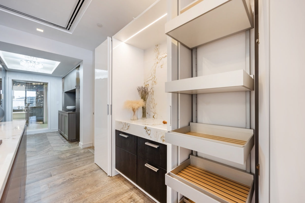 SieMatic S2 Modern Rose Gold Handleless Island with Lotus White Hideaway Pantry | photo 12