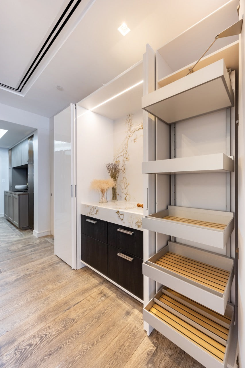 SieMatic S2 Modern Rose Gold Handleless Island with Lotus White Hideaway Pantry | photo 13