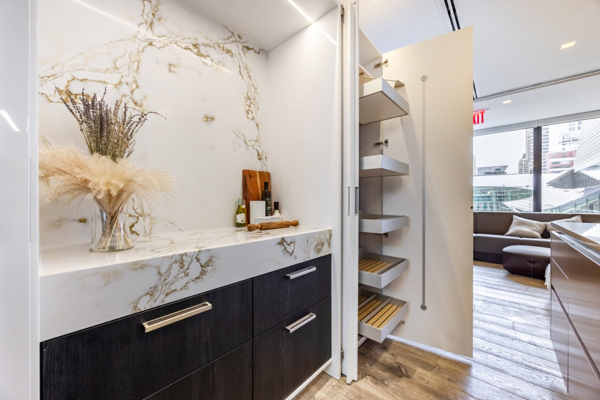SieMatic S2 Modern Rose Gold Handleless Island with Lotus White Hideaway Pantry | photo 45