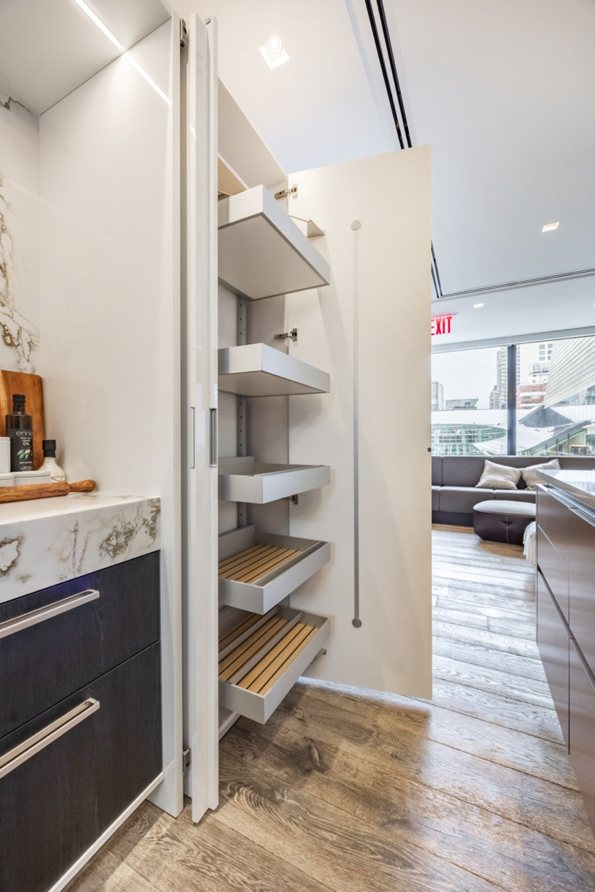SieMatic S2 Modern Rose Gold Handleless Island with Lotus White Hideaway Pantry | photo 46