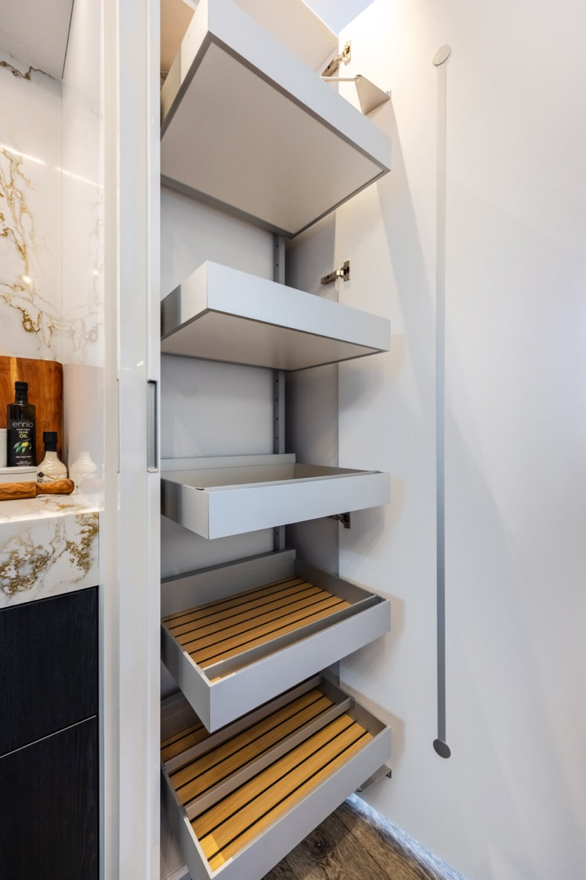 SieMatic S2 Modern Rose Gold Handleless Island with Lotus White Hideaway Pantry | photo 47