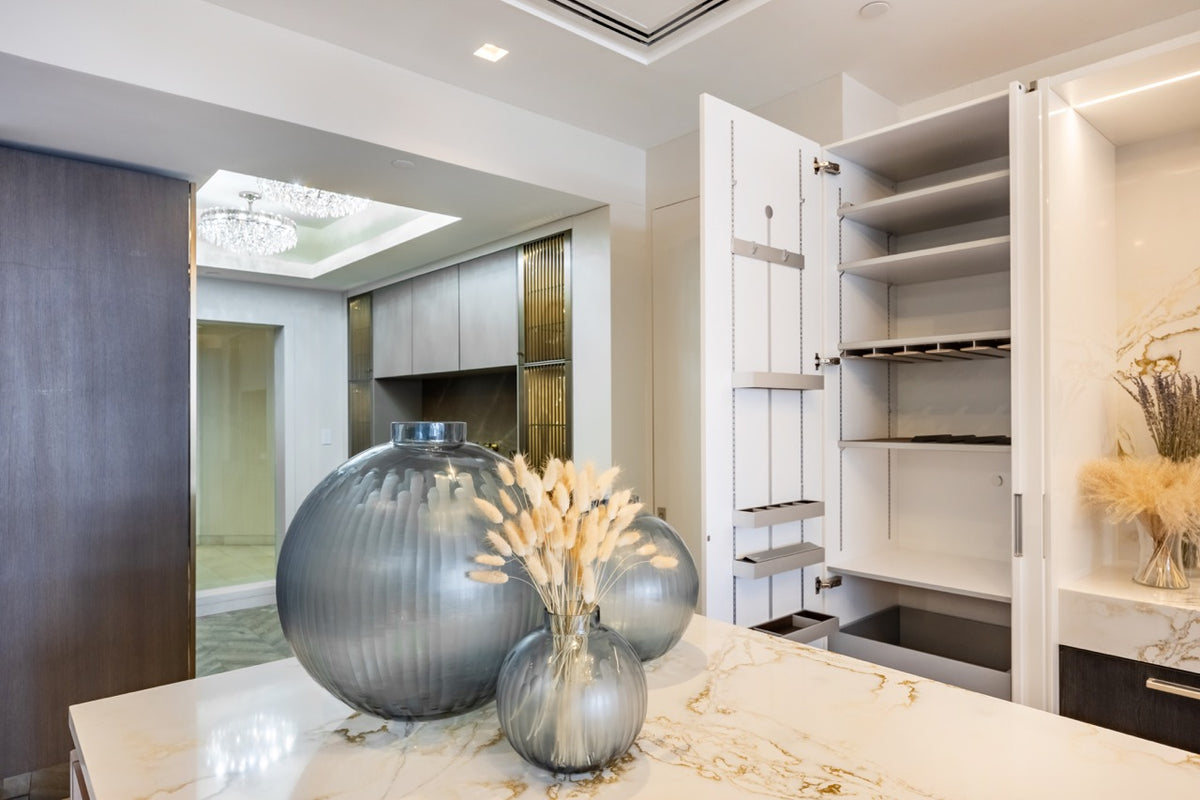 SieMatic S2 Modern Rose Gold Handleless Island with Lotus White Hideaway Pantry | photo 49