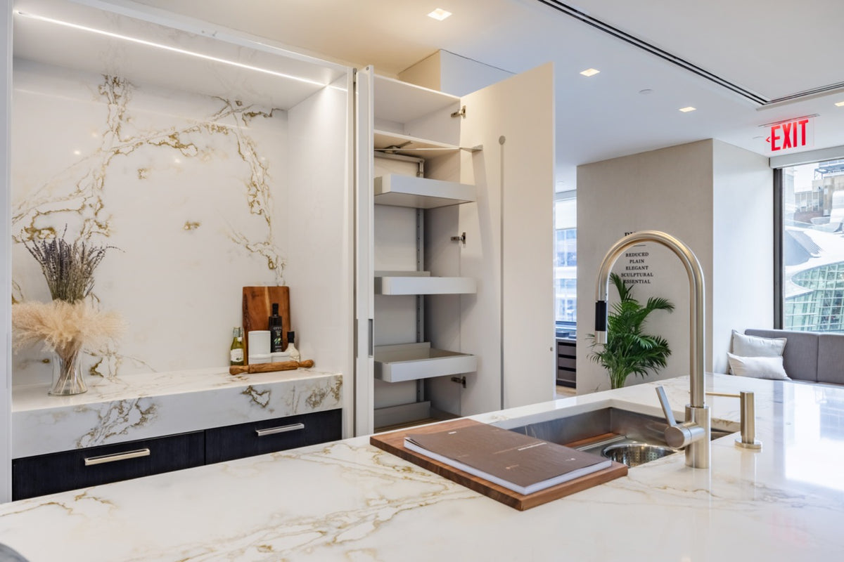 SieMatic S2 Modern Rose Gold Handleless Island with Lotus White Hideaway Pantry | photo 50