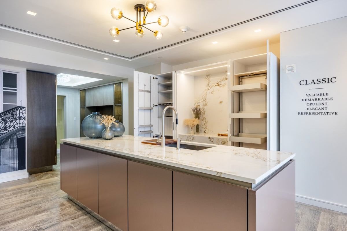 SieMatic S2 Modern Rose Gold Handleless Island with Lotus White Hideaway Pantry | photo 6