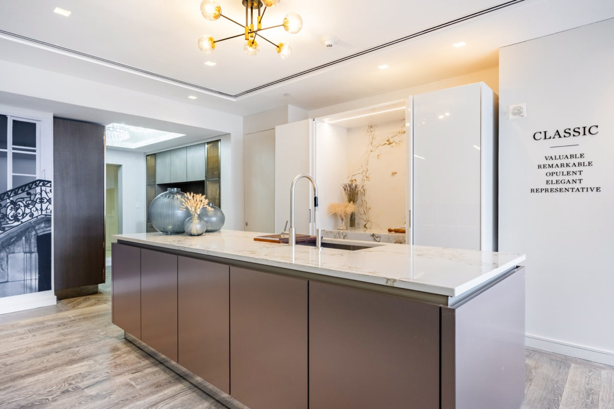 SieMatic S2 Modern Rose Gold Handleless Island with Lotus White Hideaway Pantry | photo 5