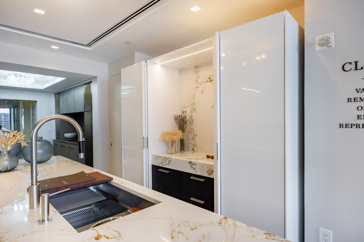 SieMatic S2 Modern Rose Gold Handleless Island with Lotus White Hideaway Pantry | photo 51