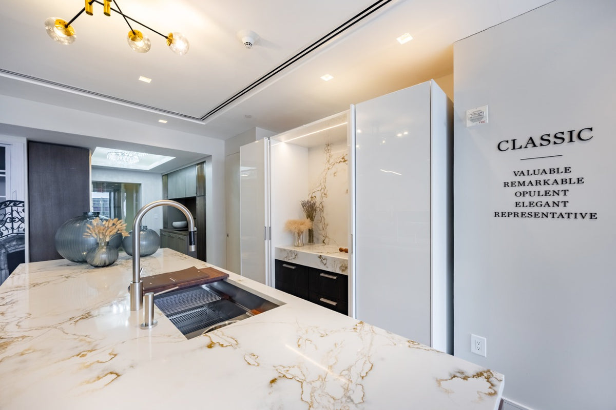 SieMatic S2 Modern Rose Gold Handleless Island with Lotus White Hideaway Pantry | photo 52