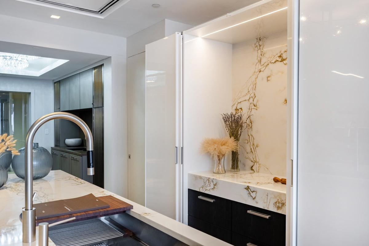 SieMatic S2 Modern Rose Gold Handleless Island with Lotus White Hideaway Pantry | photo 53
