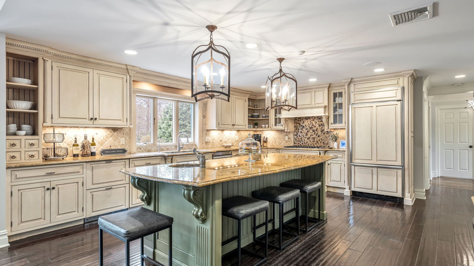 Custom Traditional Two-Tone Distressed Kitchen with Granite Countertops, Island and Appliances
