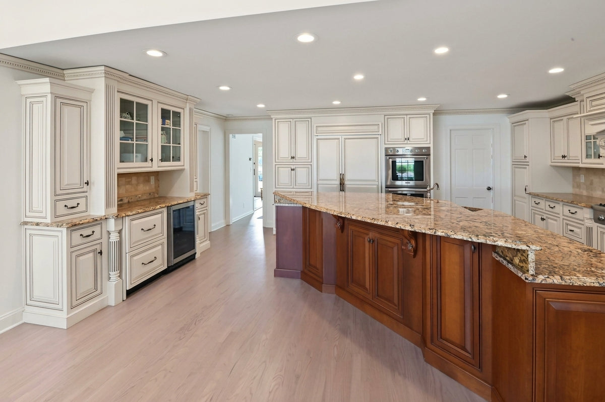 "The Montacute" Traditional Off White Kitchen with Wood Island & Appliances