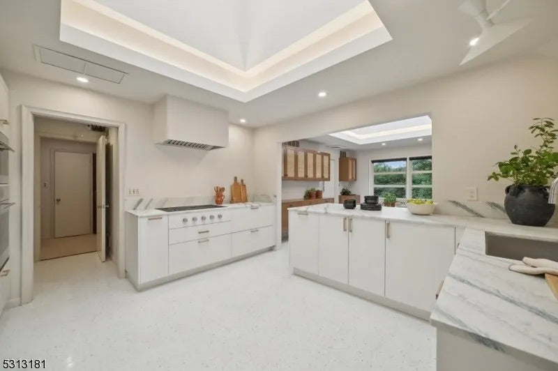 Reform Modern White Partial Kitchen Cabinets with Marble Countertop, Sink and Faucet