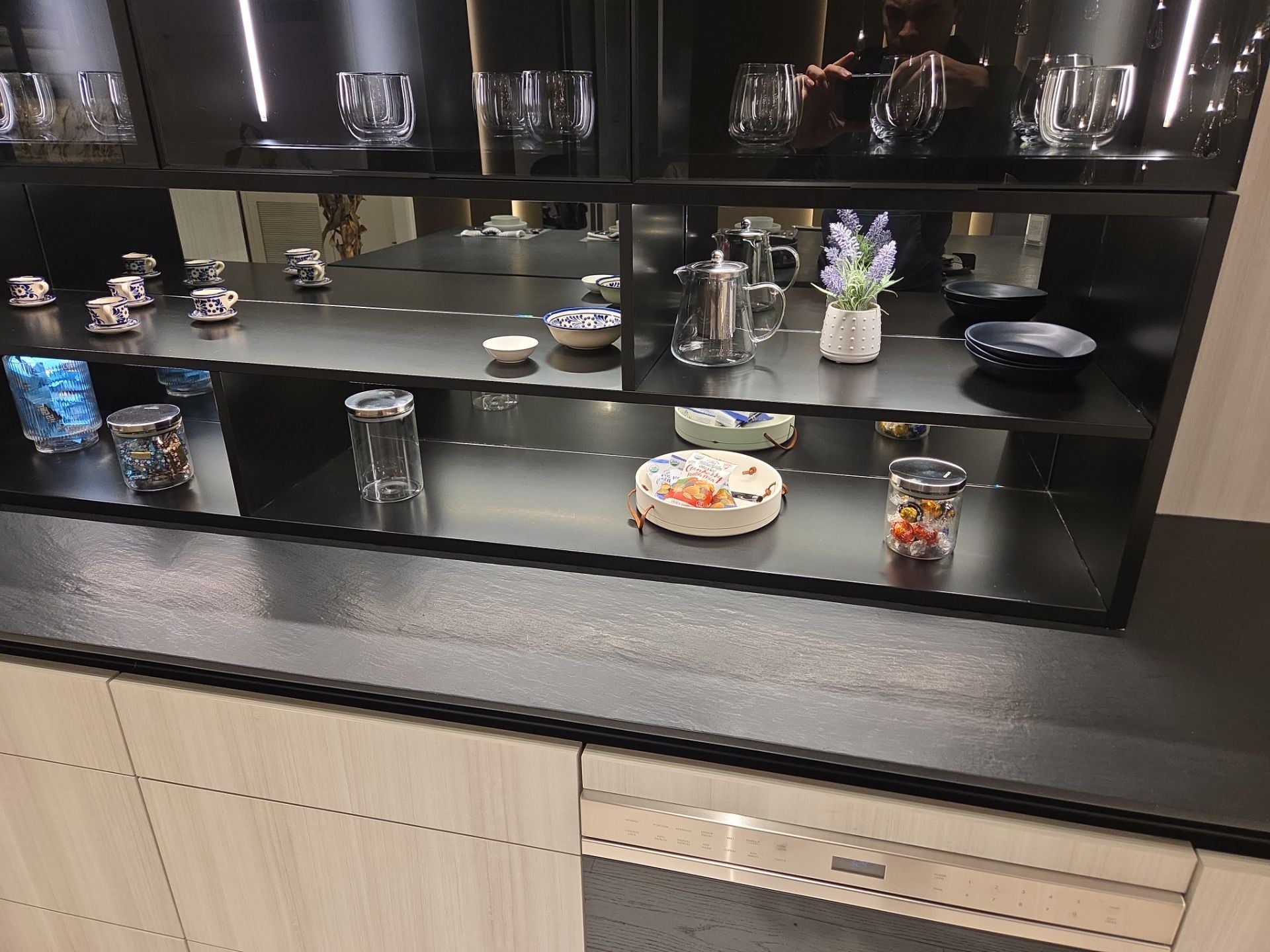DOCA Modern Wood Veneer Black Kitchen with Island & Appliances