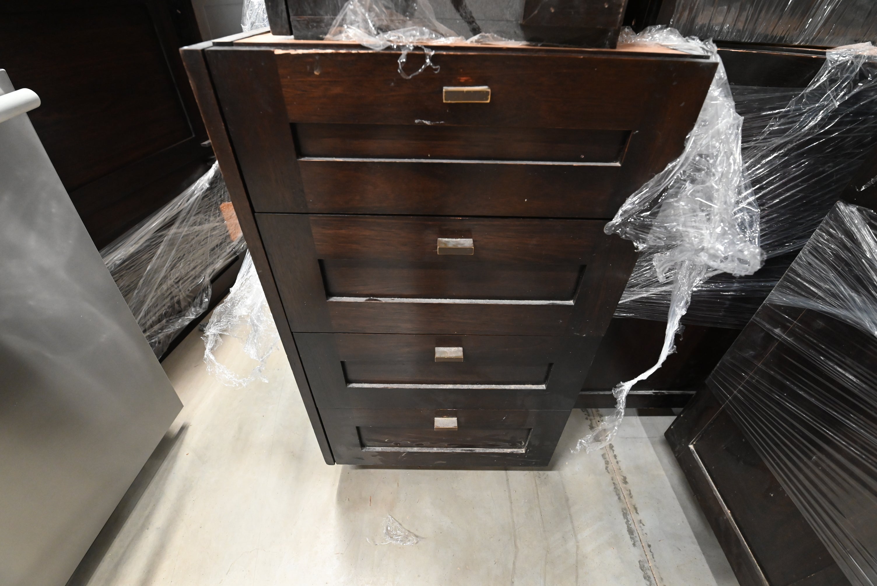 Transitional Dark Wooden Brown Kitchen with Island, Marble Countertops & Luxury Appliances