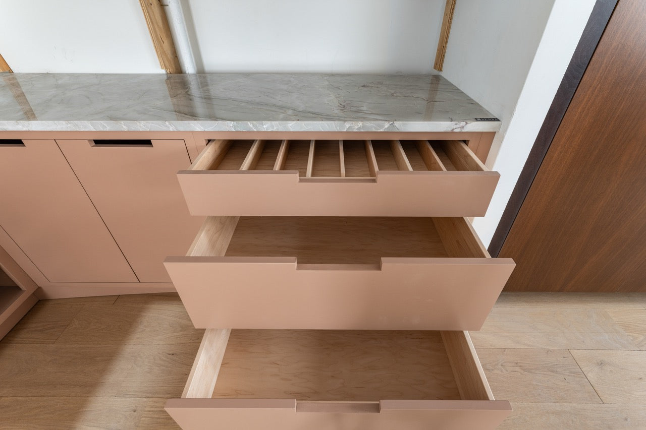 Plato Designer Custom Painted Pantry with Sensa Vancouver Quartzite