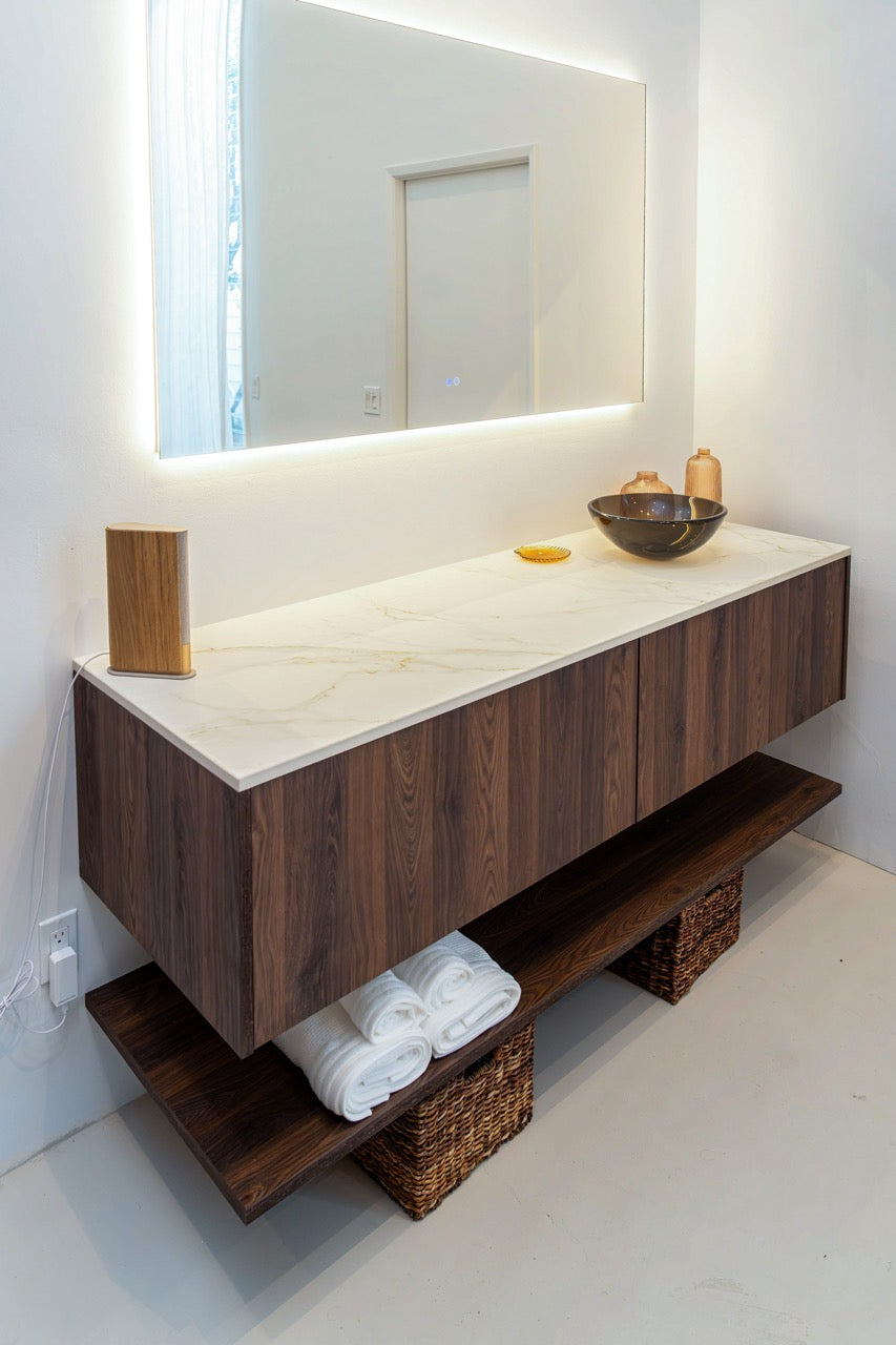 Poggenpohl floating bathroom vanity open drawer showing internal plumbing cutout tracking