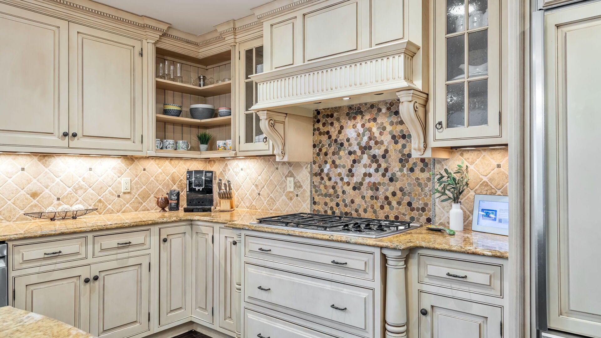 Custom Traditional Two-Tone Distressed Kitchen with Granite Countertops, Island and Appliances