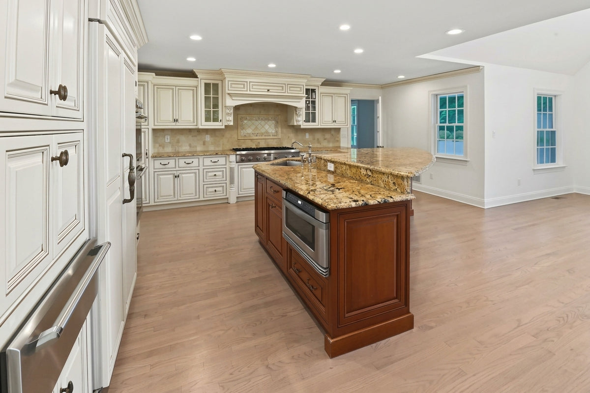 "The Montacute" Traditional Off White Kitchen with Wood Island & Appliances