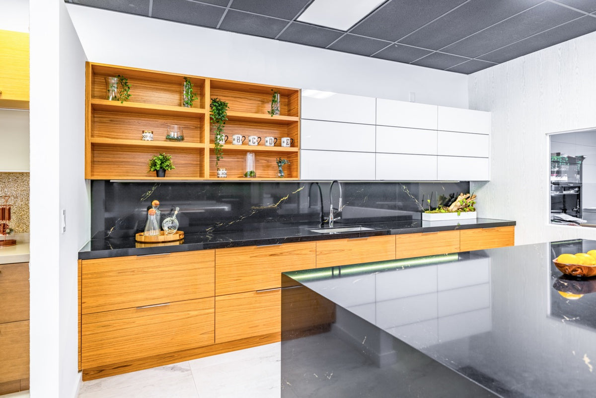 High-end architectural residential bar cabinetry in contemporary teak