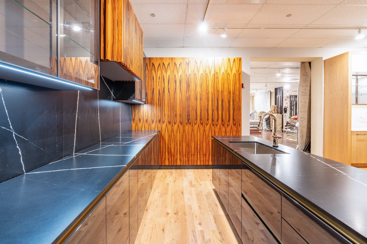 Hans Krug modern grey gloss and exotic veneer kitchen display with island