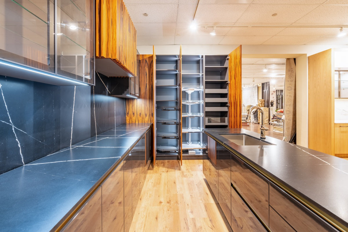 High gloss grey lacquer and exotic wood veneer German kitchen cabinetry