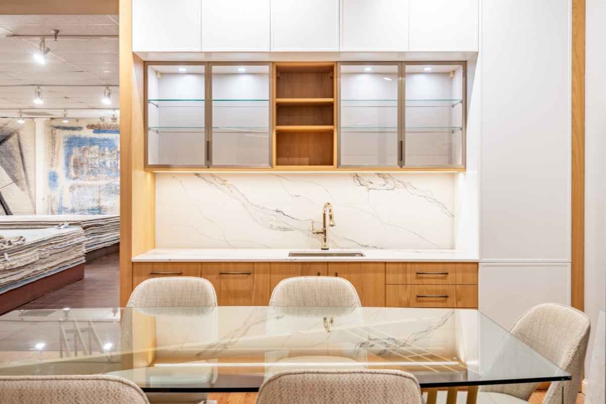 Hans Krug natural oak and matte white modern custom wet bar display