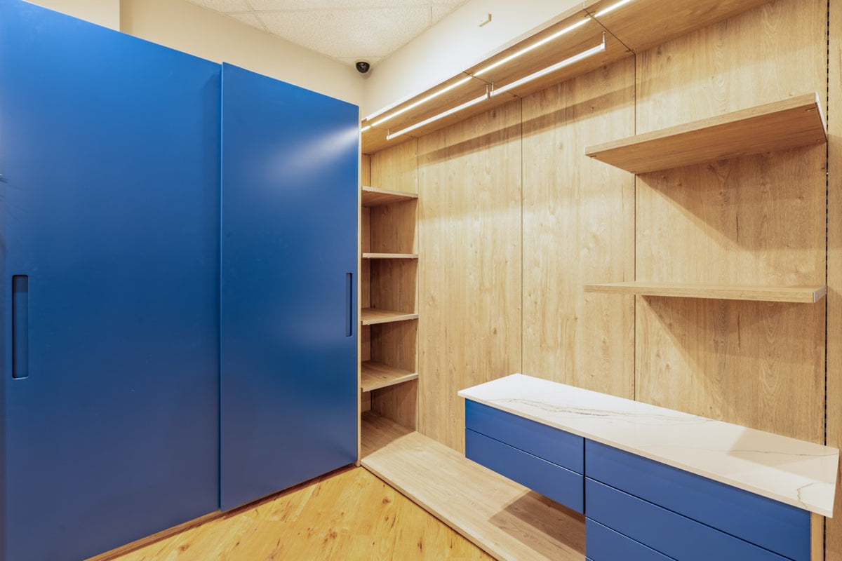 German luxury custom dressing room cabinetry with integrated LED lighting
