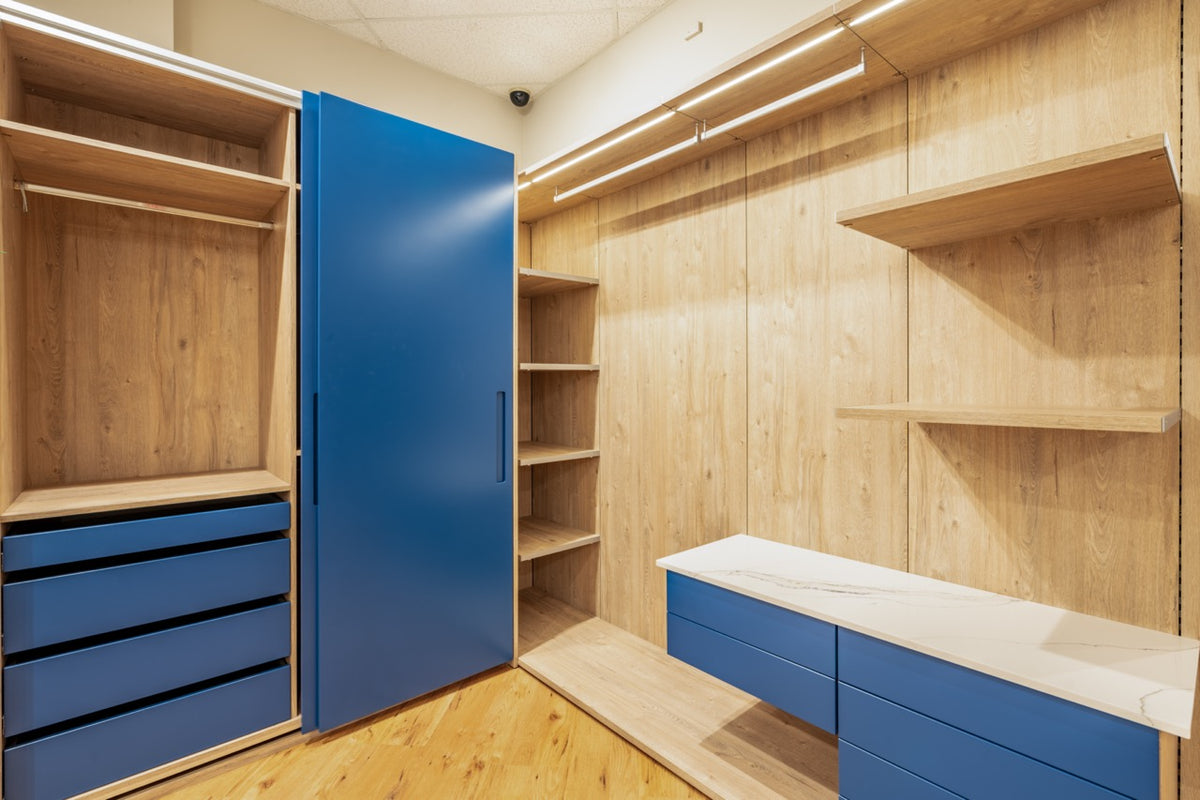 Hans Krug Brilliant Blue & Bleached Beam Oak Closet System