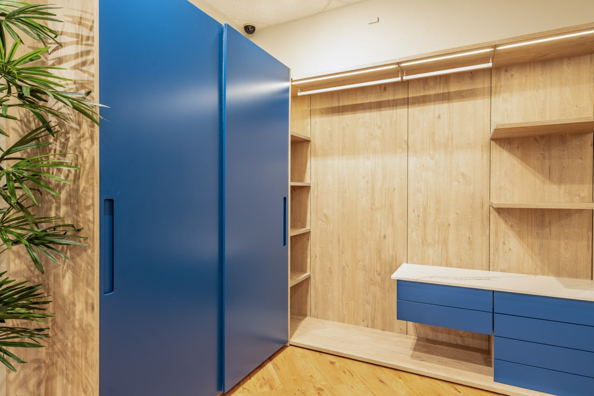 Hans Krug Brilliant Blue & Bleached Beam Oak Closet System