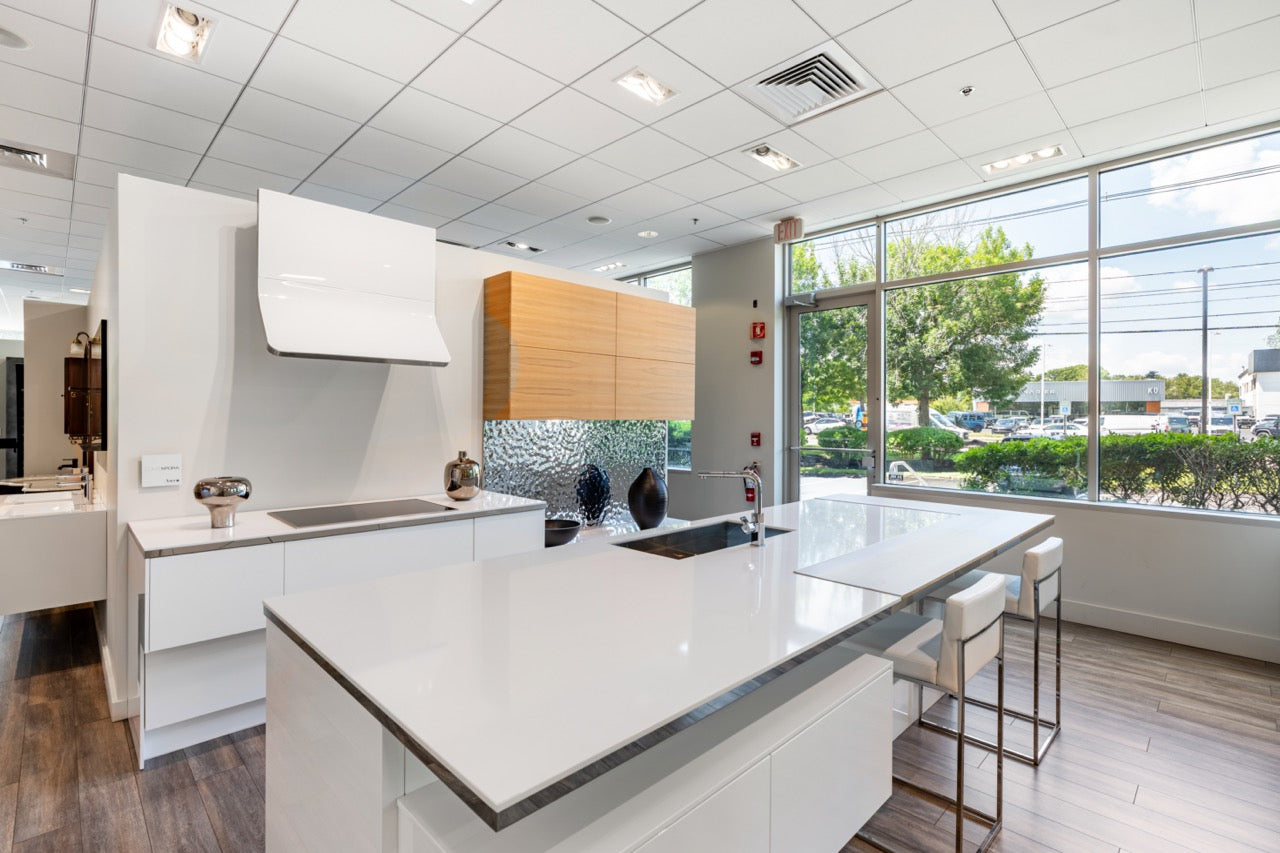 The Aster Gloss White Luxe Aster Cucine modern high gloss white kitchen cabinetry with large central island front view
