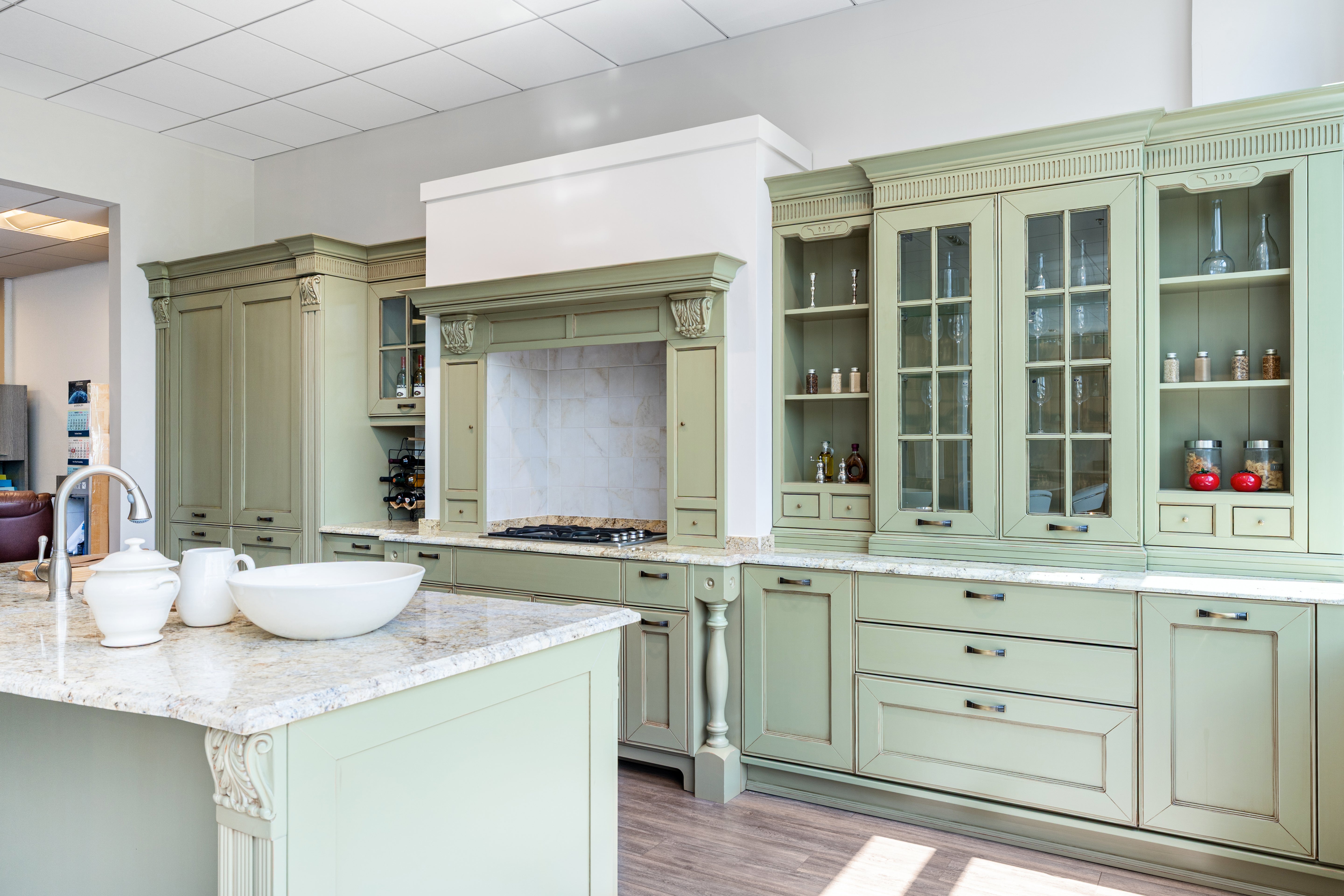 "The Waverly" Traditional Olive Green Kitchen with Island & Appliances