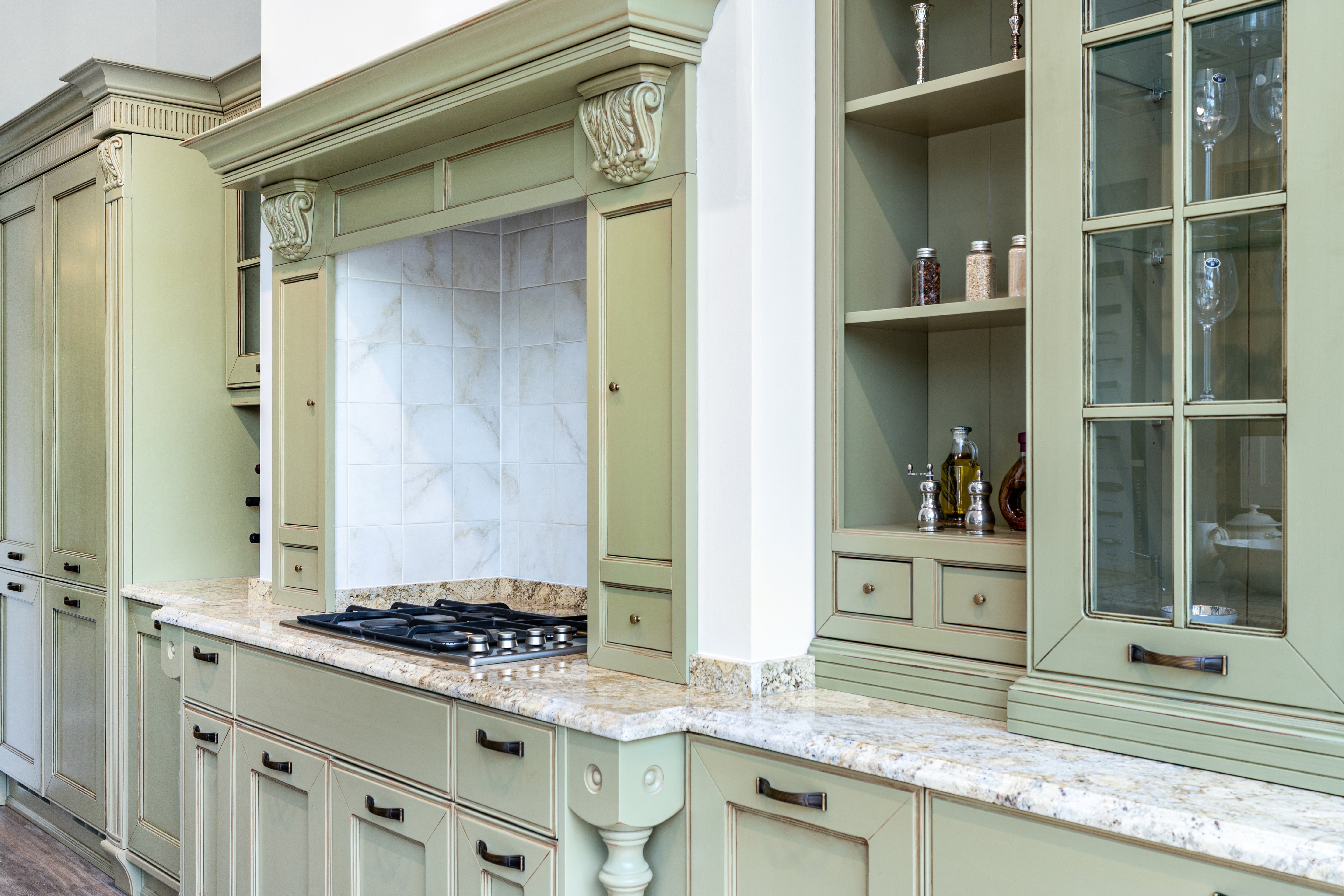 "The Waverly" Traditional Olive Green Kitchen with Island & Appliances