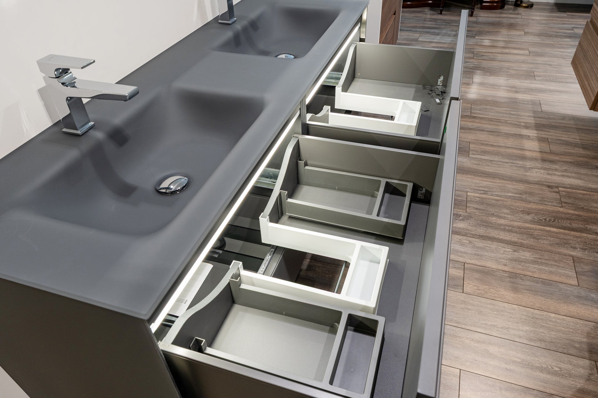 Modern 55.5 inch grey double floating vanity with integrated seamless glass double sink top and chrome faucets front view