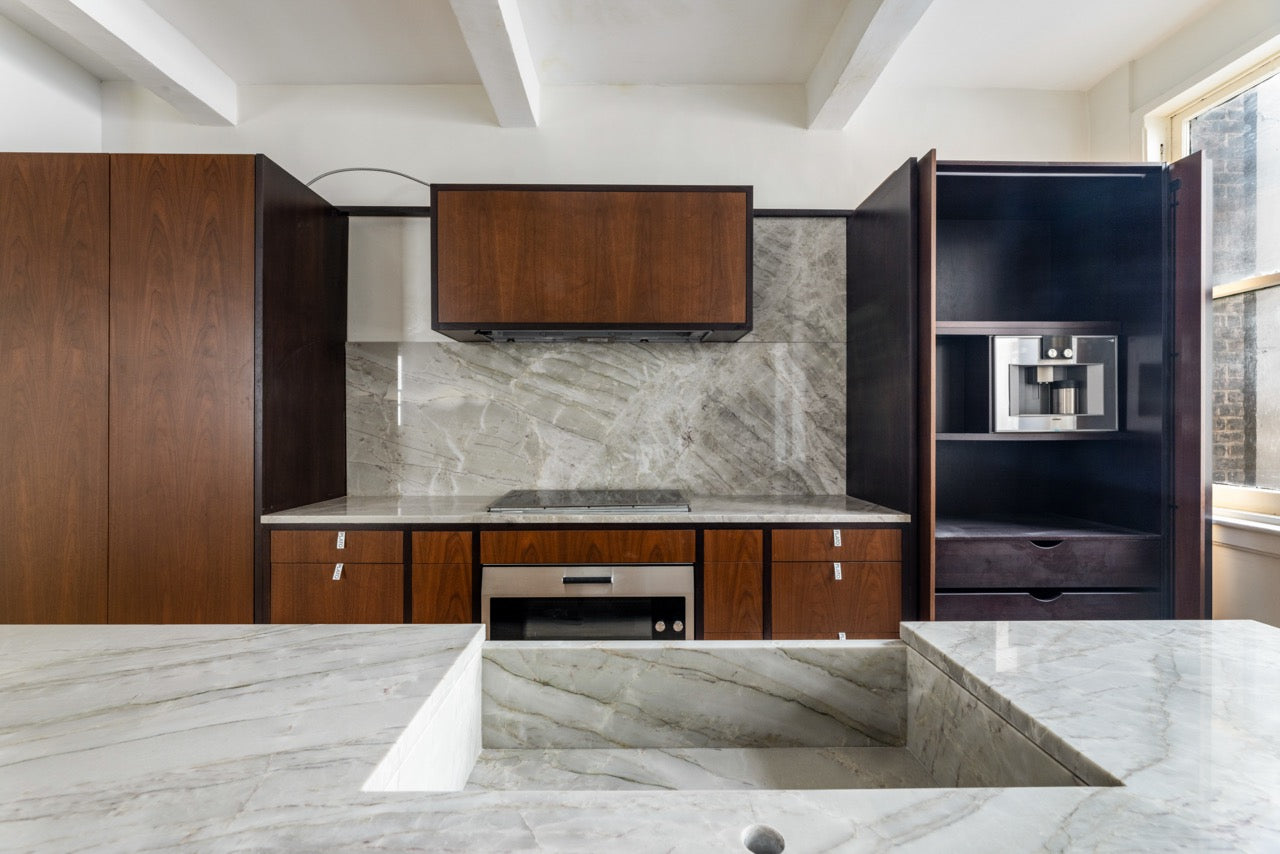Plato Natural Walnut & Espresso Modern Kitchen with Gaggenau Appliances