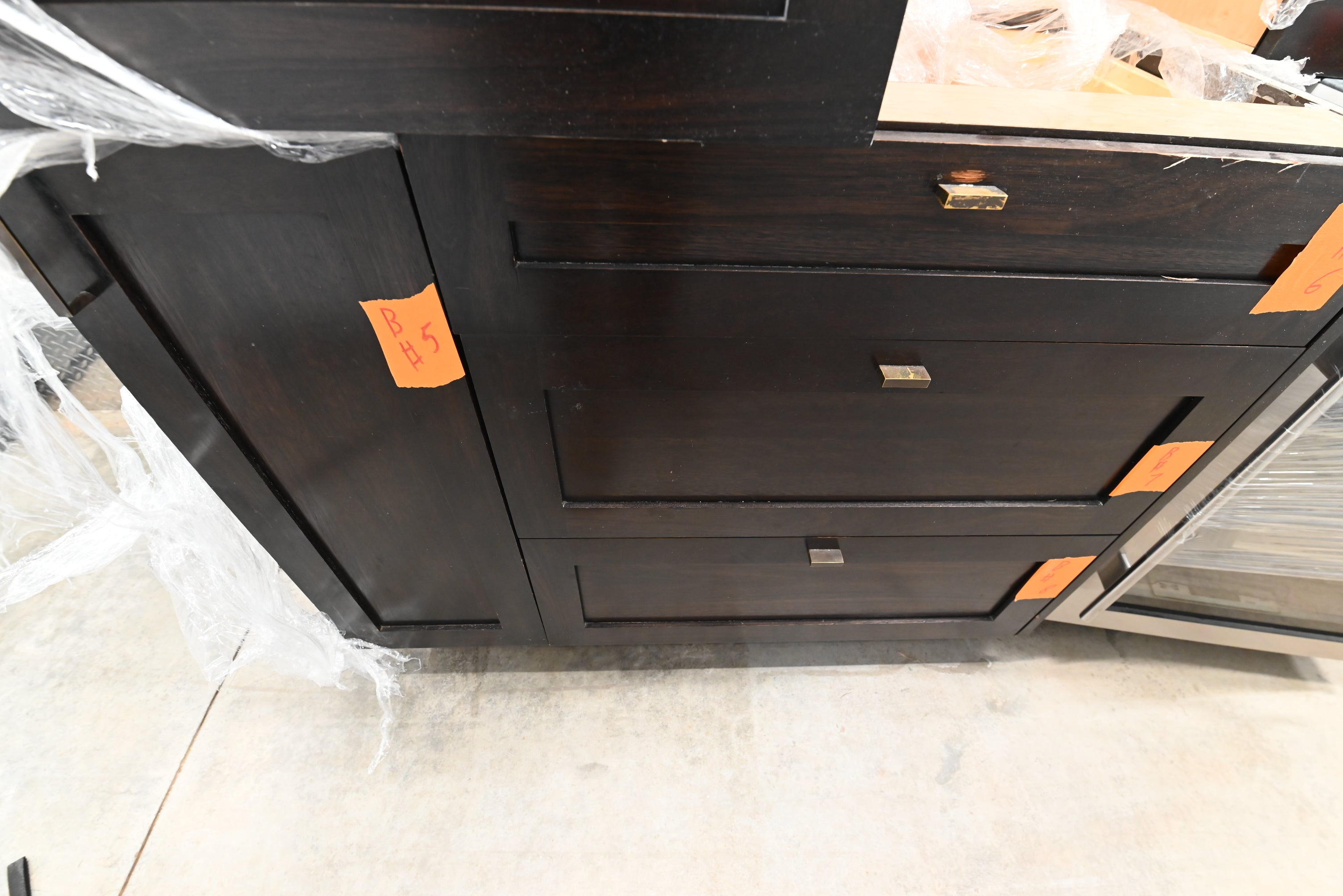 Transitional Dark Wooden Brown Kitchen with Island, Marble Countertops & Luxury Appliances