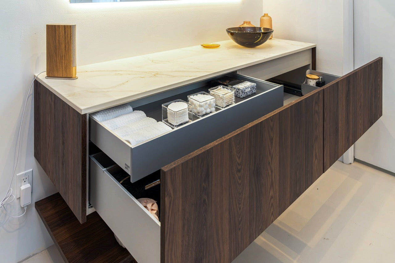 Poggenpohl Smoked Oak Vertical Grain Floating Vanity with Mirror
