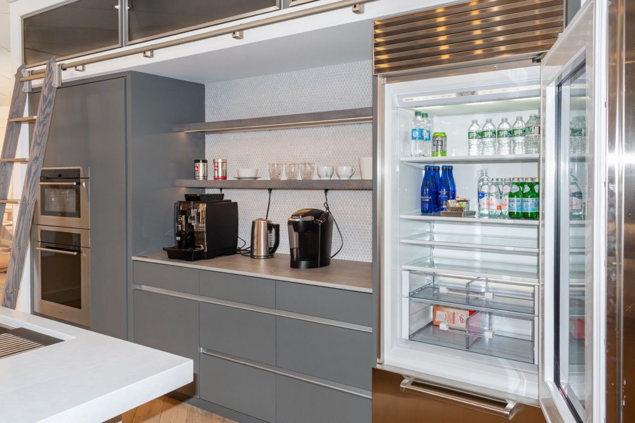 Modern Matte Gray Kitchen with Rift Cut White Oak Island and Wolf & Sub-Zero Appliances