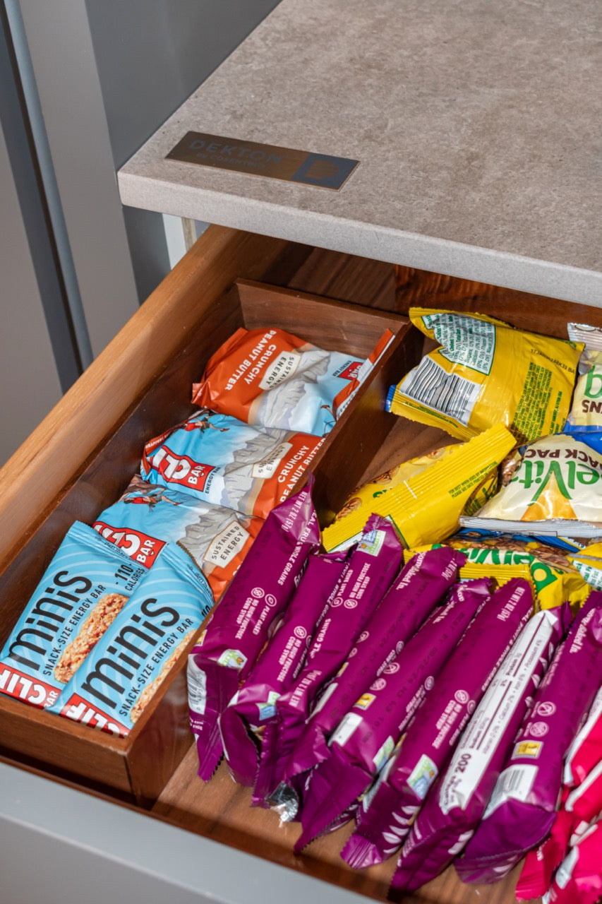 Modern Matte Gray Kitchen with Rift Cut White Oak Island and Wolf & Sub-Zero Appliances