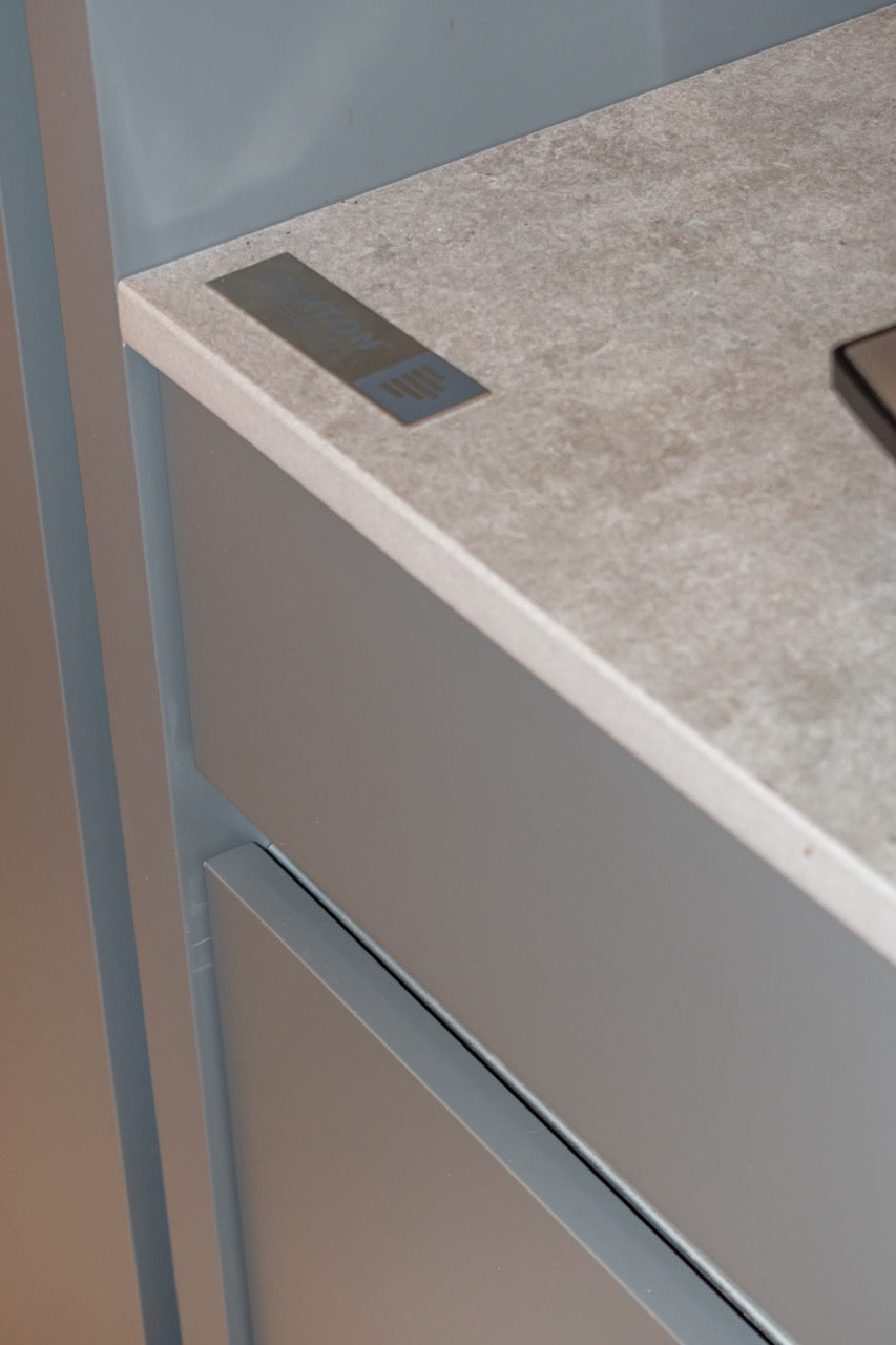 Modern Matte Gray Kitchen with Rift Cut White Oak Island and Wolf & Sub-Zero Appliances