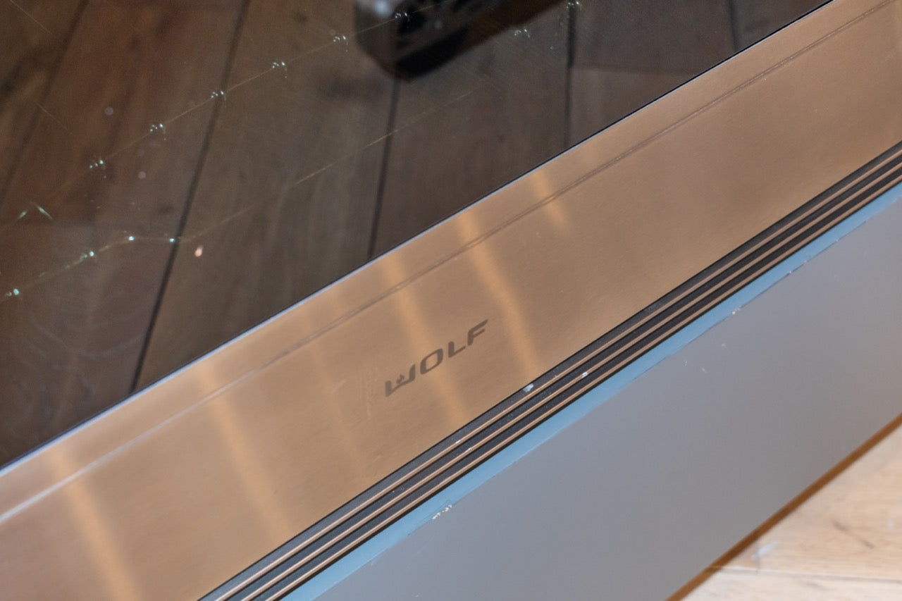 Modern Matte Gray Kitchen with Rift Cut White Oak Island and Wolf & Sub-Zero Appliances